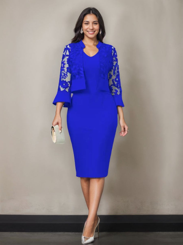 Sheath/Column V-Neck Tea-Length Plus Size Mother of the Bride Dresses with Appliques & Jacket