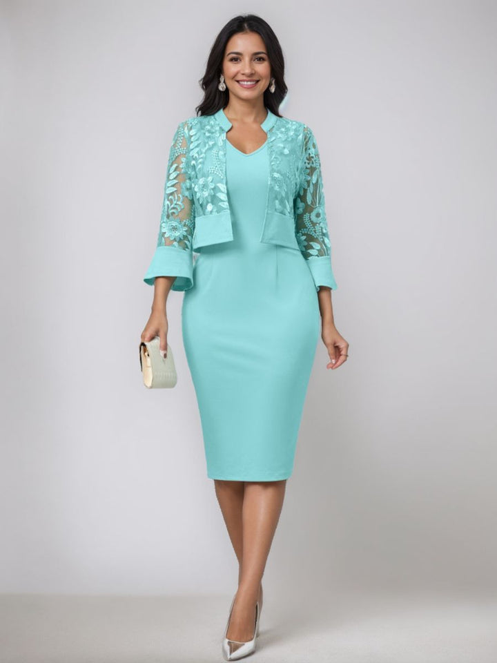 Sheath/Column V-Neck Tea-Length Plus Size Mother of the Bride Dresses with Appliques & Jacket