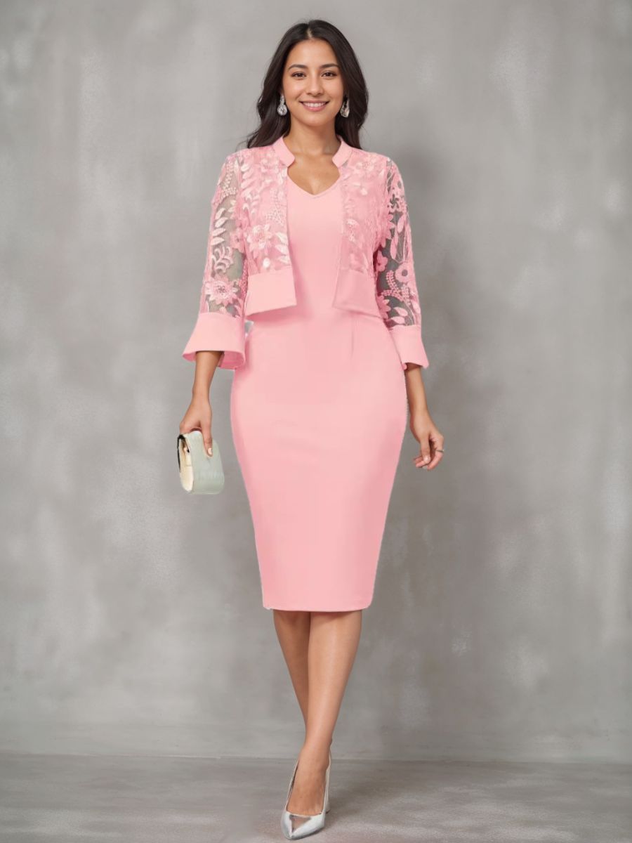 Sheath/Column V-Neck Tea-Length Plus Size Mother of the Bride Dresses with Appliques & Jacket