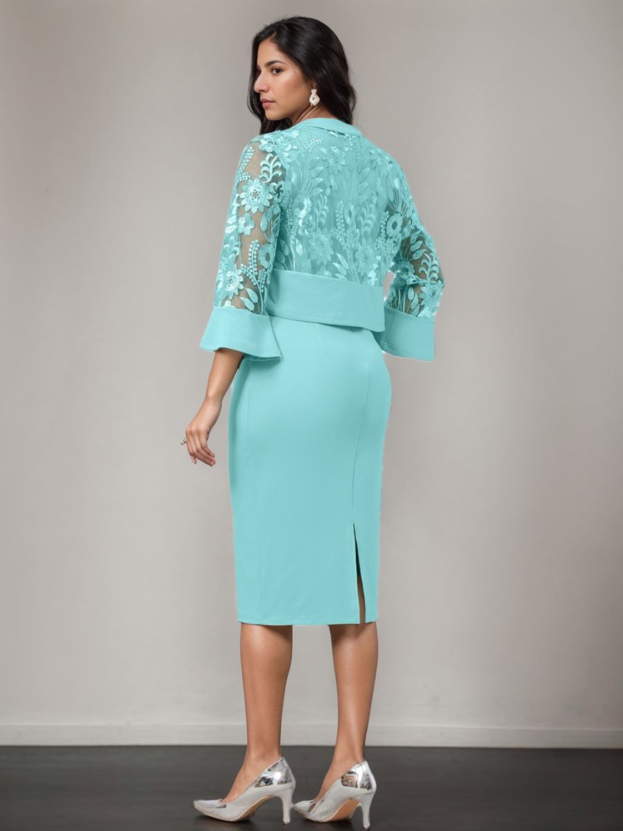 Sheath/Column V-Neck Tea-Length Plus Size Mother of the Bride Dresses with Appliques & Jacket