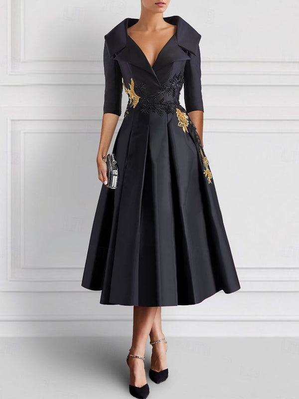 A-Line/Princess V-Neck Tea-Length Elegant Mother of the Bride Cocktail Dresses with Appliques