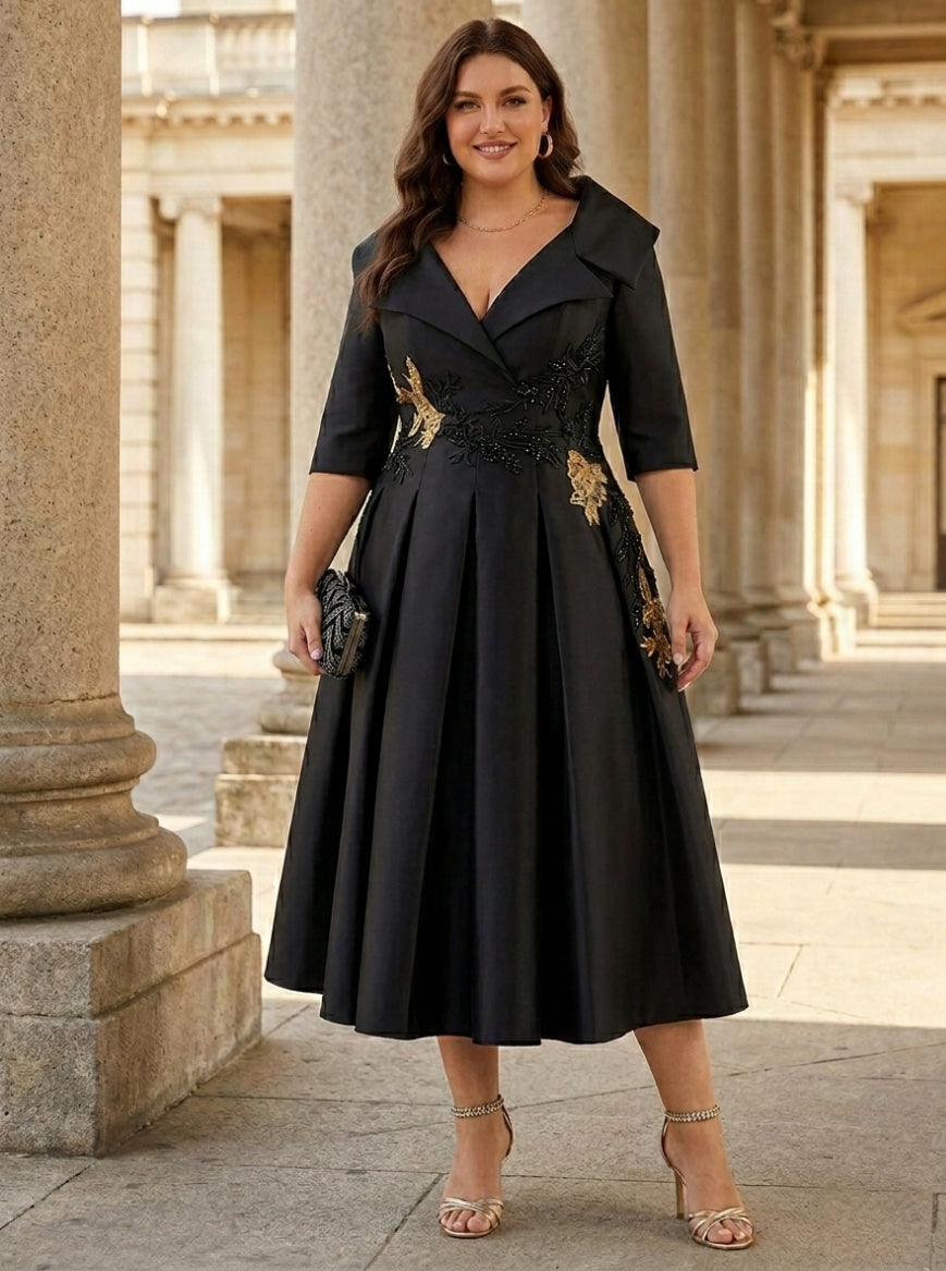 A-Line/Princess V-Neck Plus Size Mother of the Bride Dresses with Appliques Tea-Length Elegant