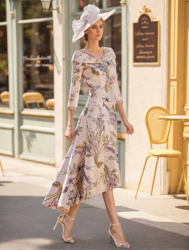 A-Line/Princess V-Neck 3/4 Sleeves Asymmetrical Printed Flower Mother of the Bride & Groom Dresses