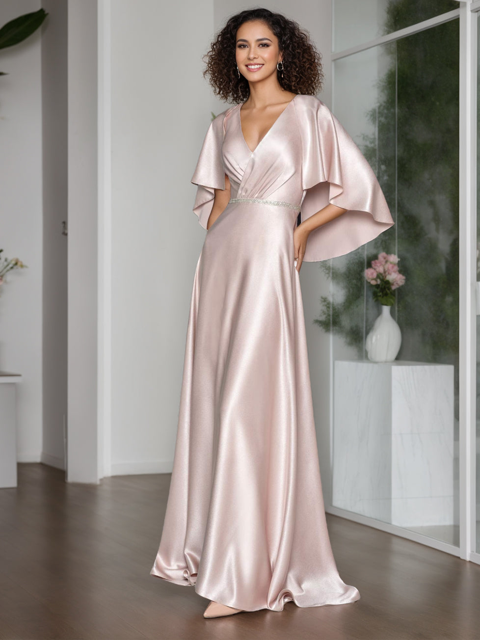 A-Line/Princess Elegant V-Neck Short Cape Sleeves Floor-Length Mother of the Bride Dresses with Ruffle