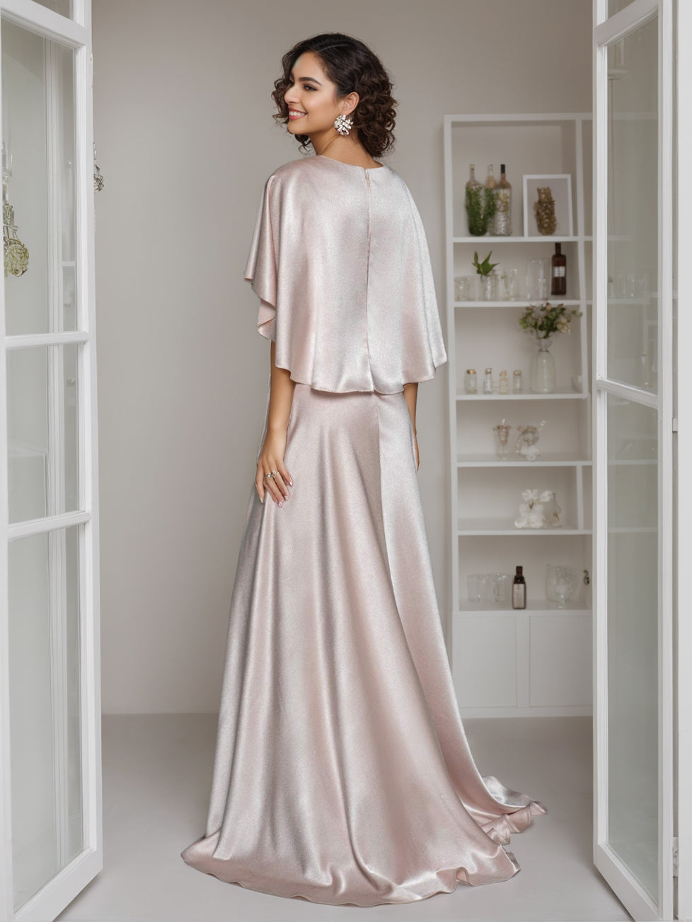 A-Line/Princess Elegant V-Neck Short Cape Sleeves Floor-Length Mother of the Bride Dresses with Ruffle