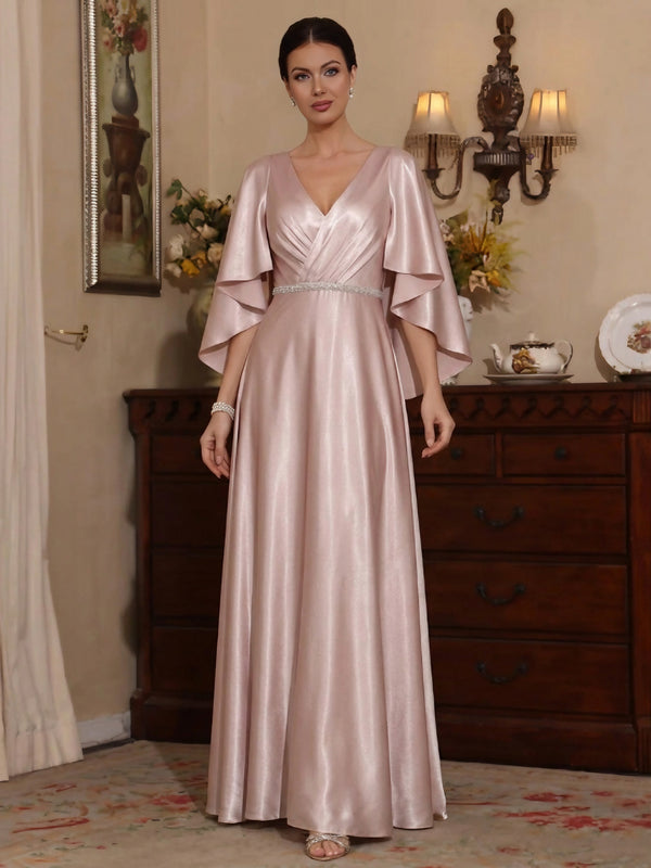A-Line/Princess Elegant V-Neck Short Cape Sleeves Floor-Length Mother of the Bride Dresses with Ruffle