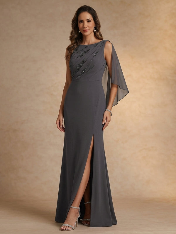 Sheath/Column Scoop Neck Mother Of The Bride & Groom Dresses with Beading & Split Side