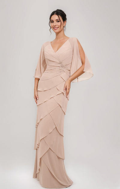 Orchid V-Neck Dress Layers 3/4 Sleeves Long Sheath Mother Of The Bride Dress Suits