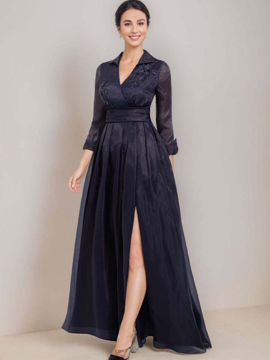 A-Line V-Neck 3/4 Sleeves Floor-Length Mother Of The Bride Dresses with Appliques & Side Slit