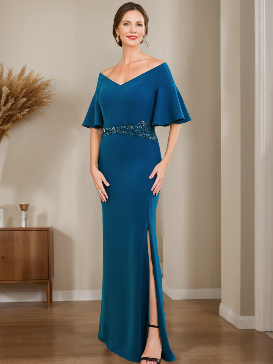 Off-the-Shoulder Mother Of The Bride Dresses Sheath/Column V-Neck Floor Length Wedding Guest Party Gowns with Split Side, As Pic