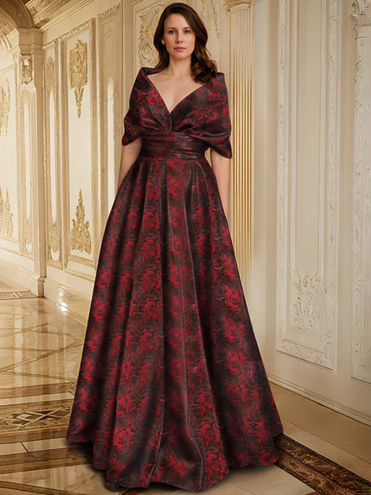 A-Line/Princess V-Neck Floor-Length Printed Floral Mother of the Bride & Groom Dresses