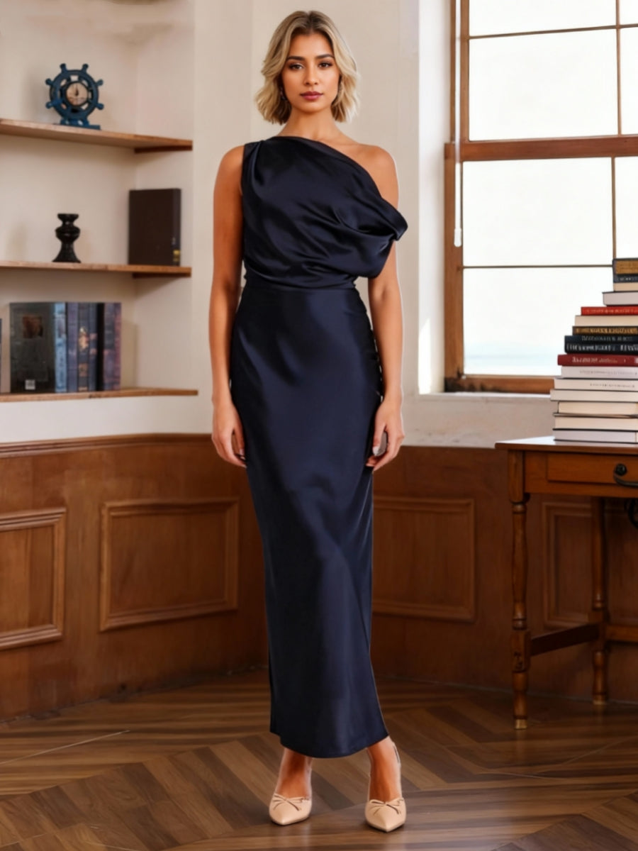 Sheath/Column One-Shoulder Sleeveless Ankle-Length Wedding Guest Dresses with Ruffles