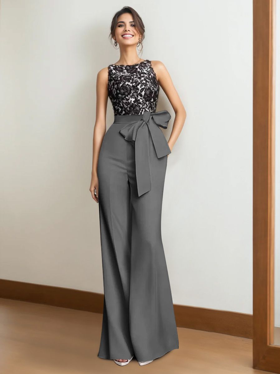 sachin and babi light blue dress 2 Pieces Mother of The Bride Pantsuits Satin Elegant Women's Sleeveless Floor Length Lace Wedding Party Gowns, Black&Gray