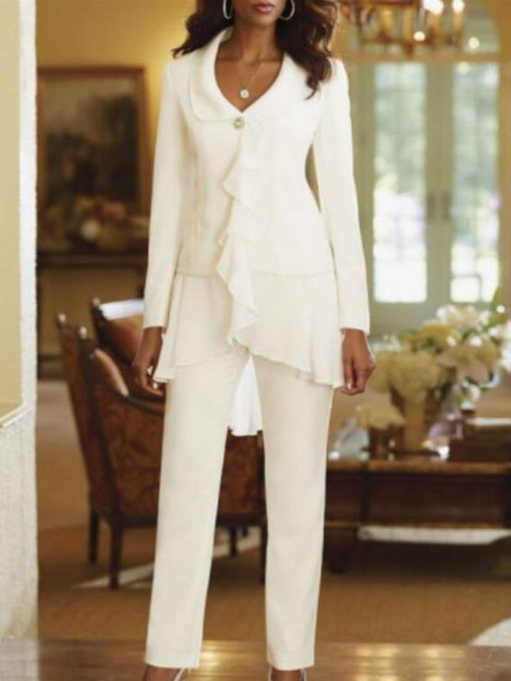 White V-Neck Long Sleeves Floor Length Mother of the Bride Pantsuits With Ruffle