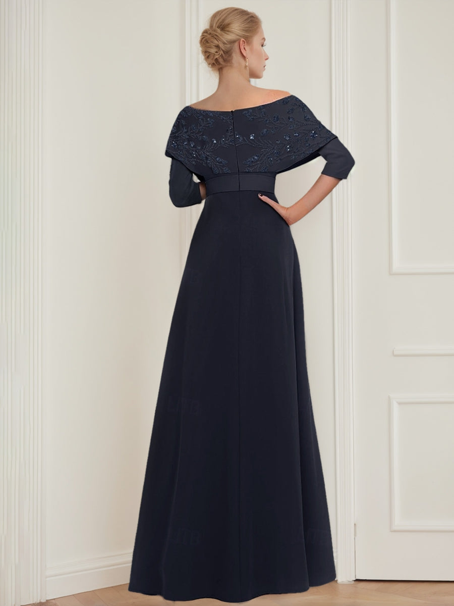 Off-the-Shoulder 3/4 Sleeves Mother of the Bride Pantsuits with Appliques & Belt