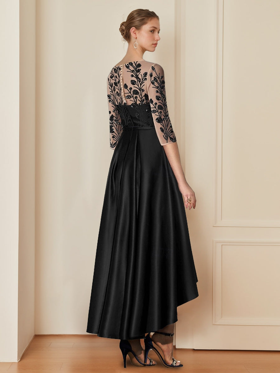 A-Line/Princess Scoop Neck 3/4 Sleeves Asymmetrical Mother of the Bride Dresses with Appliques