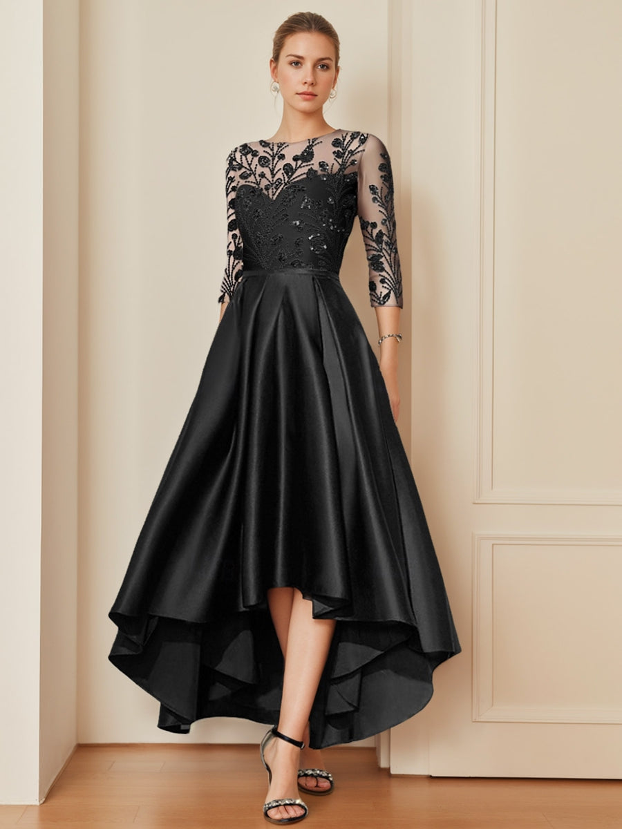 A-Line/Princess Scoop Neck 3/4 Sleeves Asymmetrical Mother of the Bride Dresses with Appliques