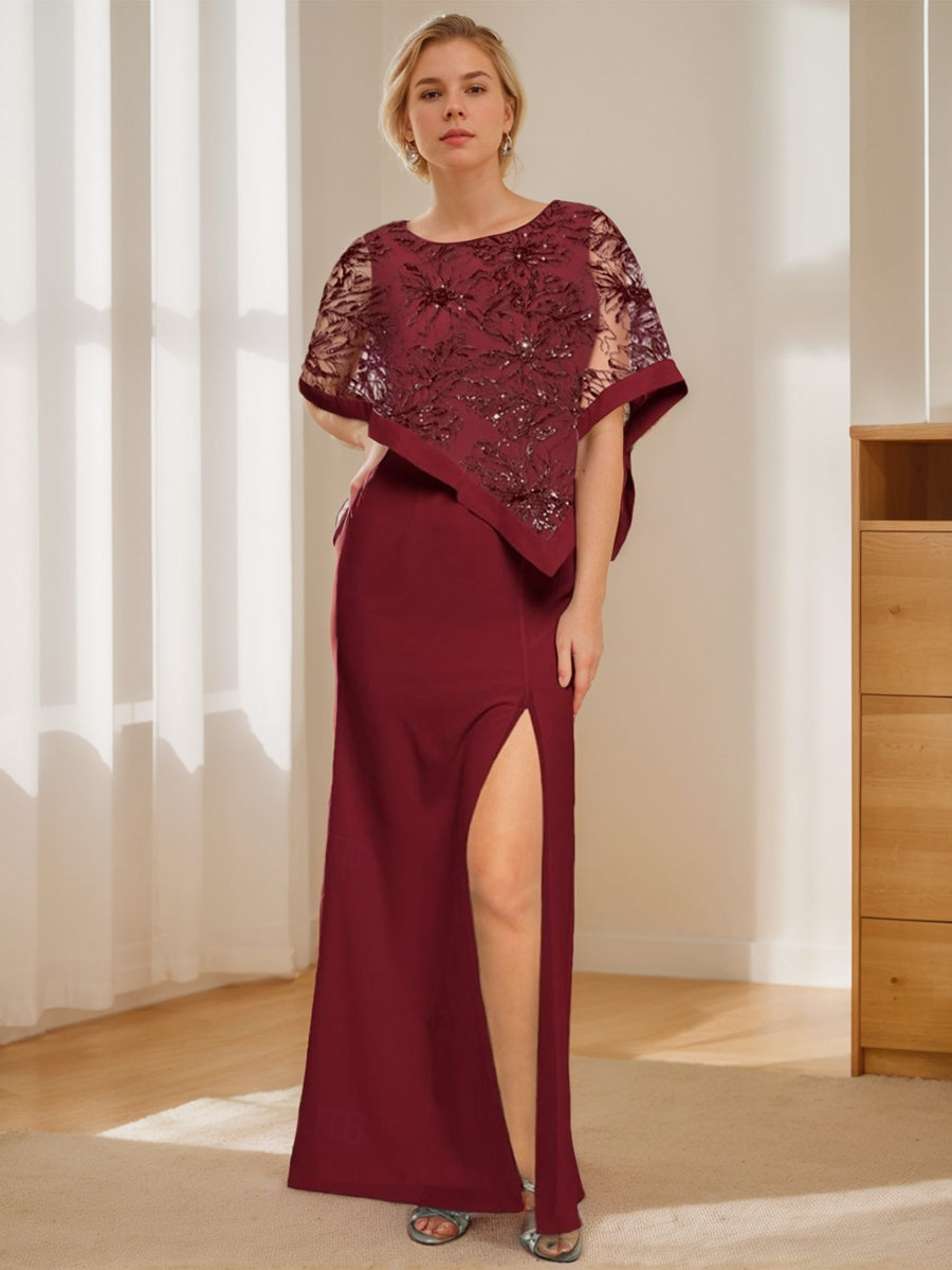 Burgundy Mother of the Bride Dresses 2026 Women's Trumpet/Mermaid Jewel Neck Floor-Length Formal Evening Gowns with Split Side, Burgundy