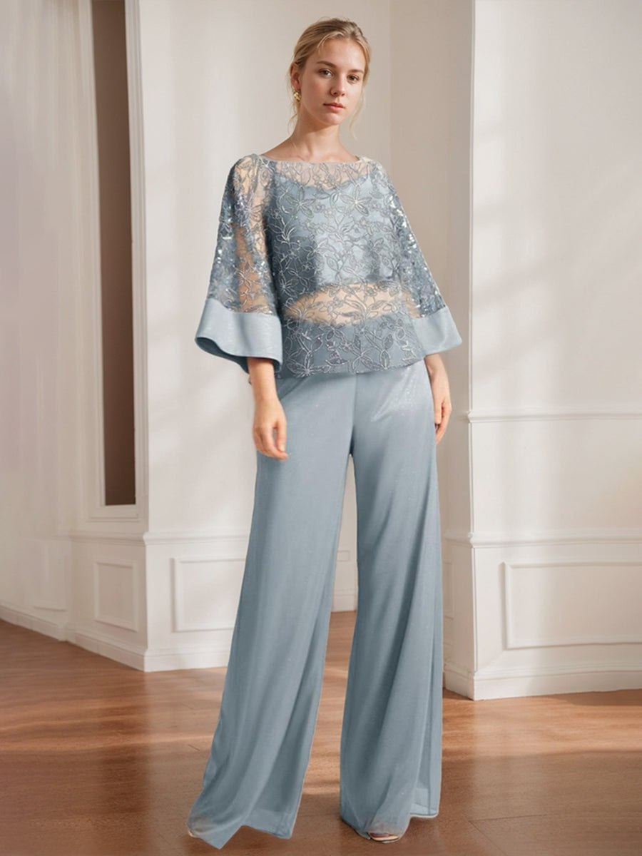 2-Pieces Chiffon Scoop Mother of the Bride Pantsuits with Lace Appliques & Sequins