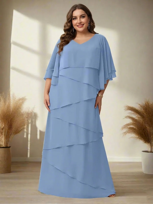 A-Line/Princess V-Neck Half Sleeves Floor-Length Regular & Plus Size Mother of the Bride Dresses with Ruffles
