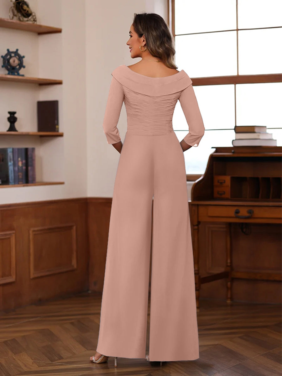 Ruched Chiffon V-Neck 3/4 Sleeves Mother of the Jumpsuit