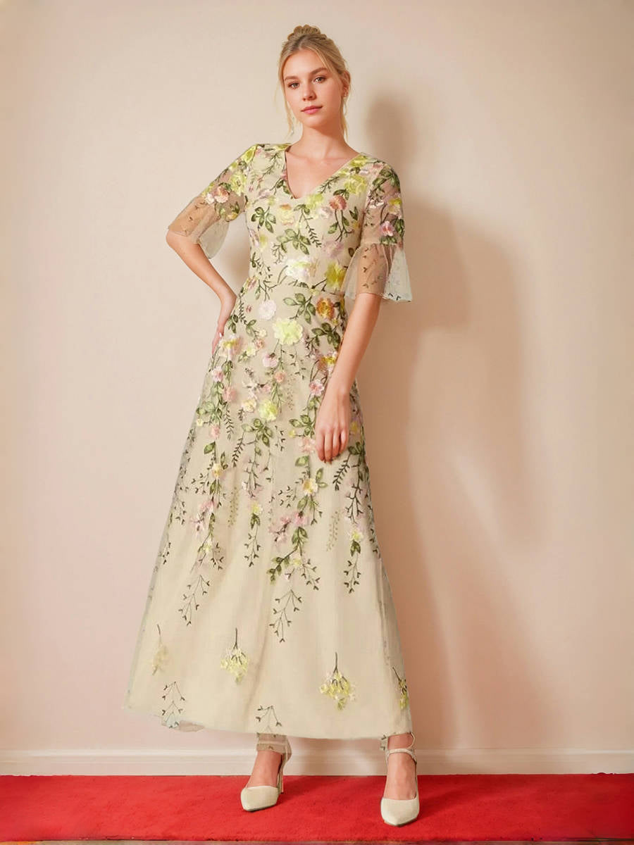 Embroidery Tulle Mother of the Bride Dresses A-Line/Princess V-Neck Short Sleeves Floral Wedding Party Formal Guest Gowns