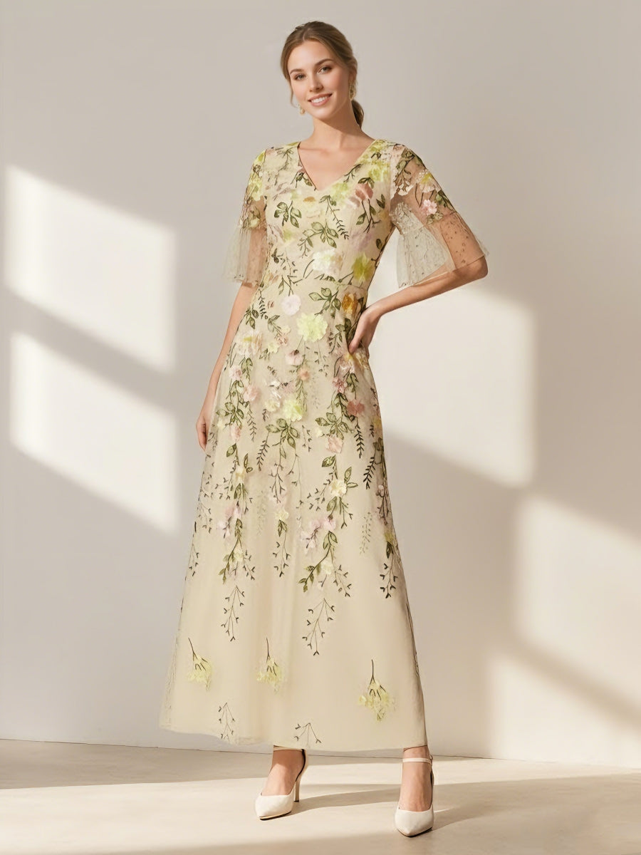 A-Line/Princess V-Neck Short Sleeves Floral Mother of the Bride