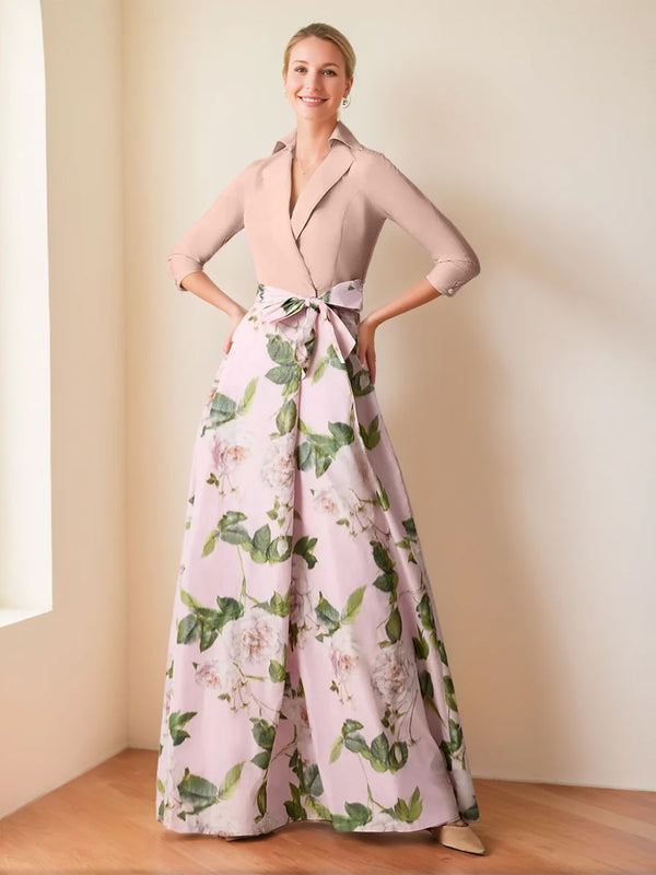 A-Line/Princess V-Neck 3/4 Sleeves Printed Floral Mother of the Bride Dresses with Bow Belt