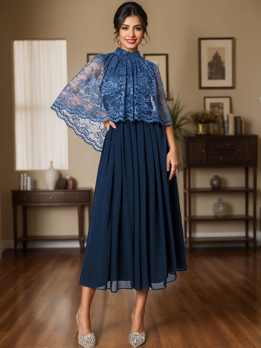 Elegant Mother of The Bride Dresses 2026 A-Line High Neck Chiffon Tea-Length Formal Evening Guest Gowns with Lace Appliques, Navy Blue Elegant Mother of The Bride Dresses 2026 A-Line High Neck Chiffon Tea-Length Formal Evening Guest Gowns with Lace Appliques, Navy Blue