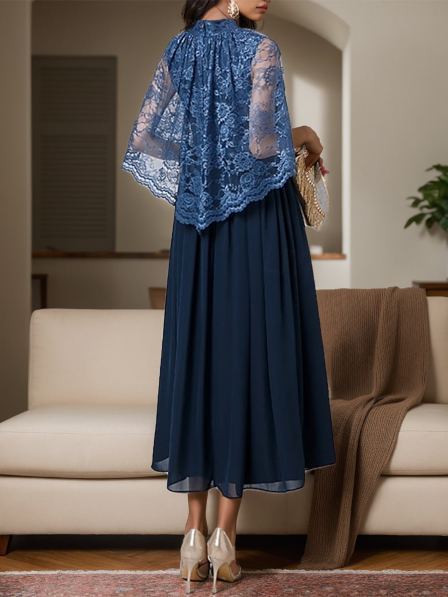 A-Line High Neck Chiffon Tea-Length Mother of the Bride & Groom Dresses with Lace Appliques