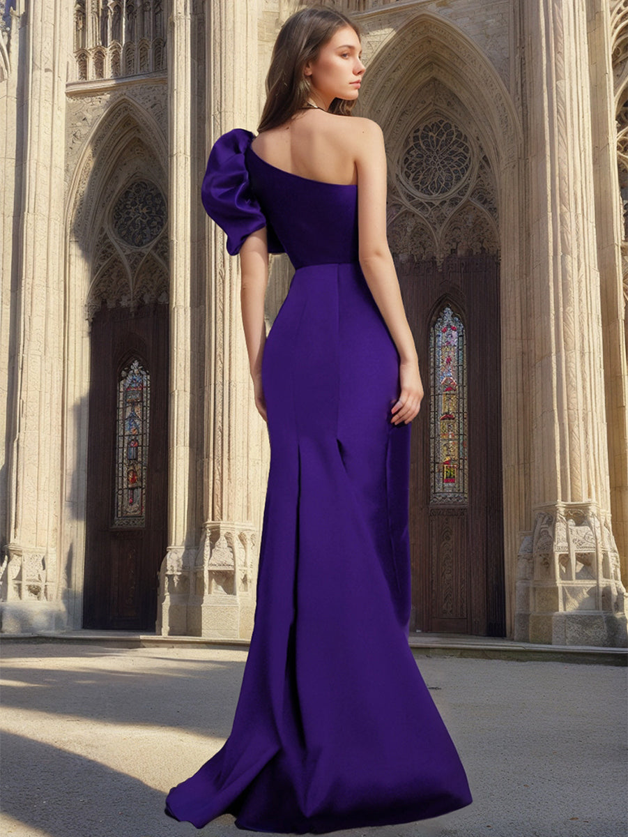 Elegant Sheath/Column One-Shoulder Asymmetrical Satin Mother of the Bride & Groom Dresses with Bow