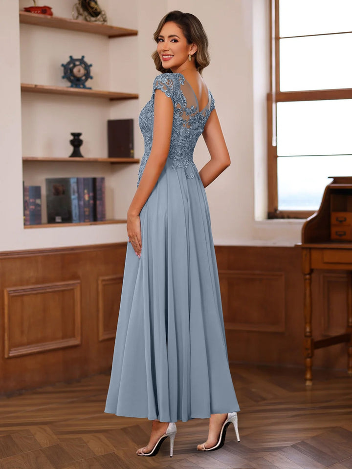 A-Line V-Neck Short Sleeves Ankle-Length Mother of the Bride Dresses w