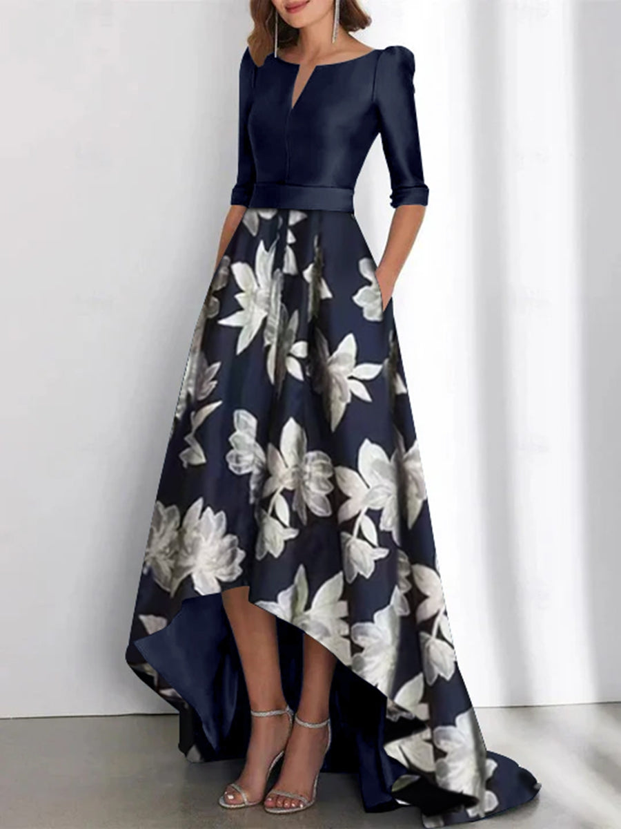 asymmetrical mother of the bride dresses Navy Beige Dress One Shoulder Colorblock Pleated Midi Length Elegant Formal Dress Boat Neck Hemline/Train A-Line/Princess V-Neck Short Sleeves Asymmetrical