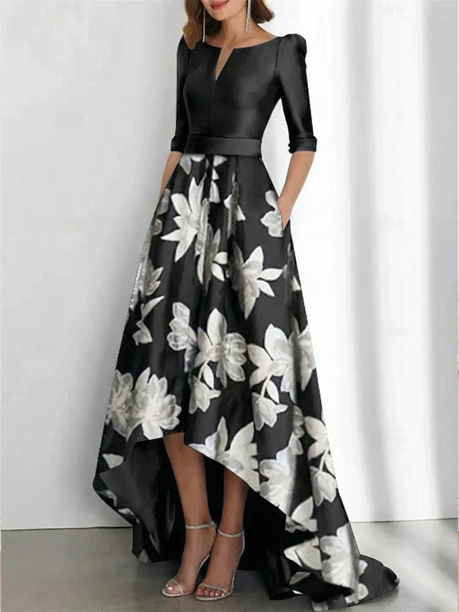 Floral Mother of the Groom Dresses Women's Elegant A-Line Boat Neck Flower Asymmetrical Satin Formal Guest Evening Ball Gowns, As Pic Floral Mother of the Groom Dresses Women's Elegant A-Line Boat Neck Flower Asymmetrical Satin Formal Guest Evening Ball Gowns, As Pic
