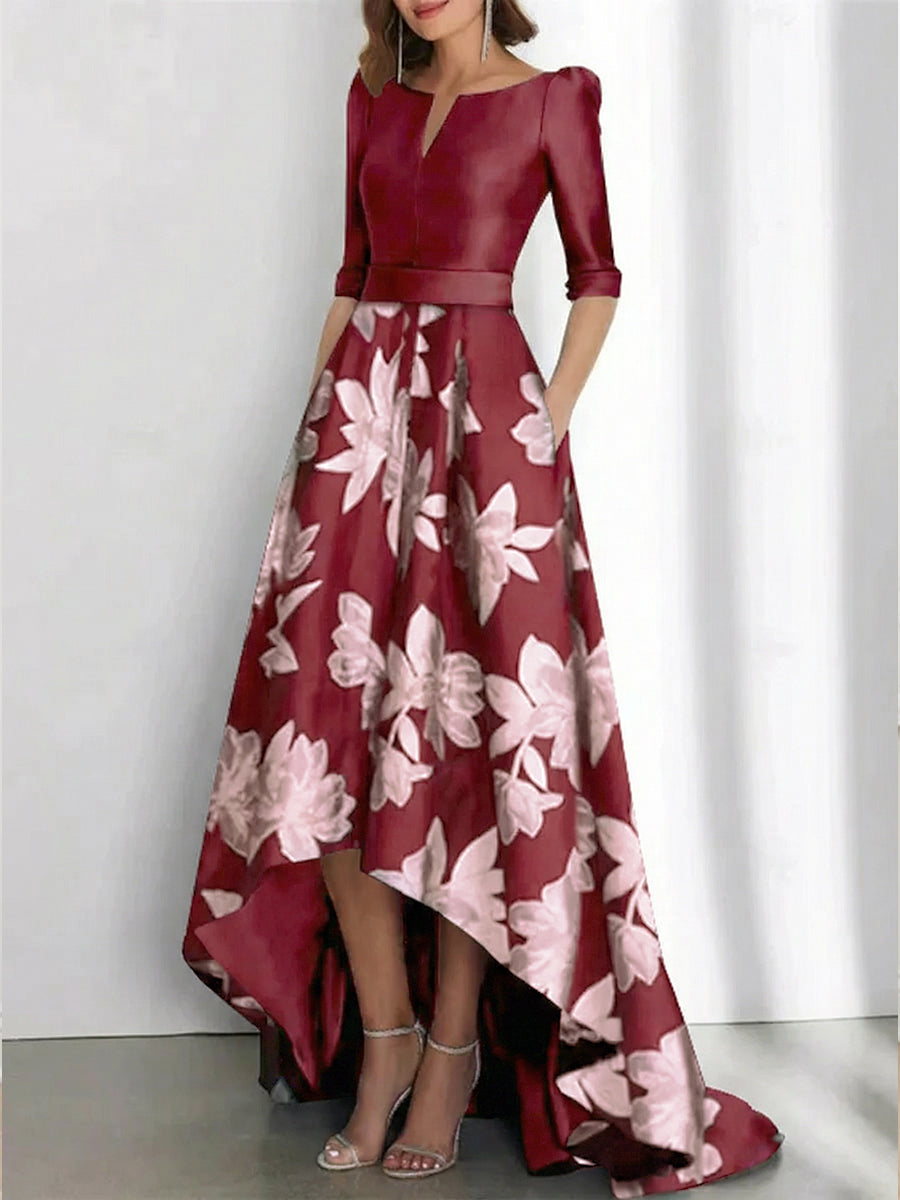 Elegant A-Line Boat Neck Printed Flower Asymmetrical Mother of the Bride & Groom Dresses Burgundy & Floral Elegant A-Line Boat Neck Printed Flower Asymmetrical Mother of the Bride & Groom Dresses Burgundy & Floral
