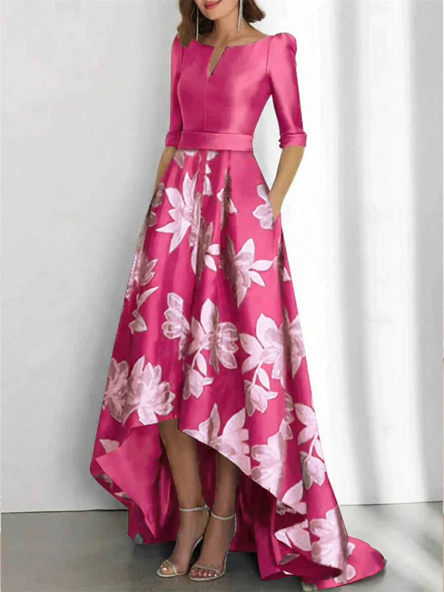 Elegant A-Line Boat Neck Printed Flower Asymmetrical Mother of the Bride & Groom Dresses