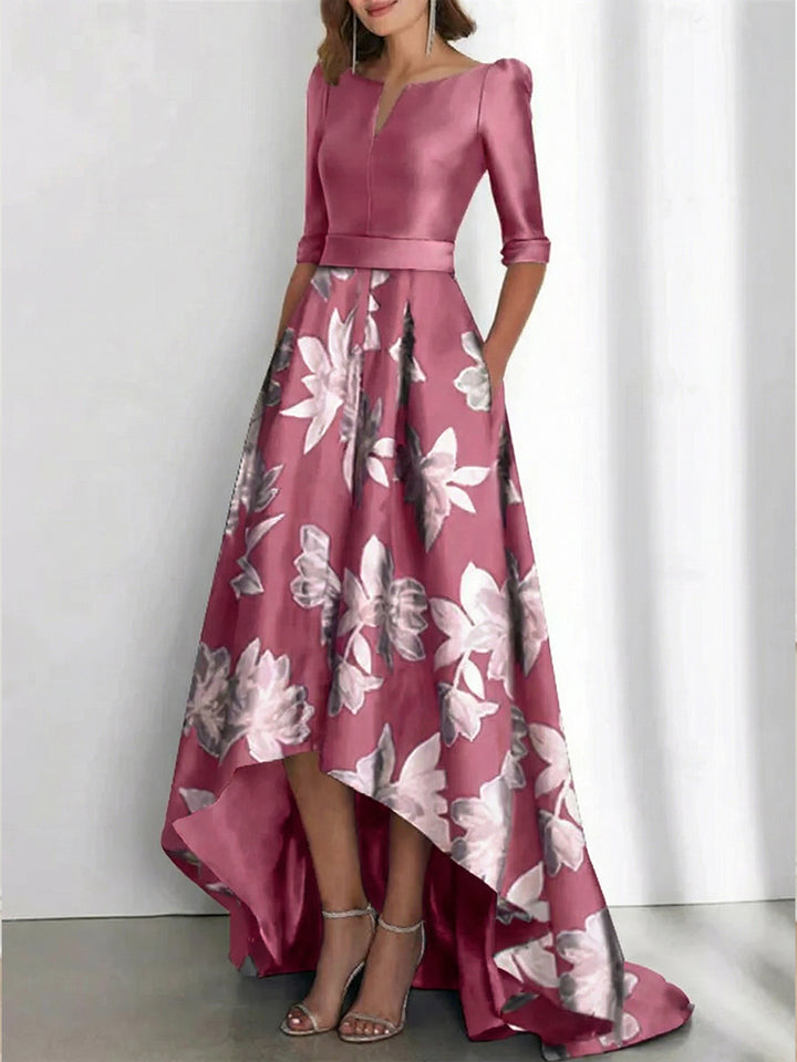 Elegant A-Line Boat Neck Printed Flower Asymmetrical Mother of the Bride & Groom Dresses
