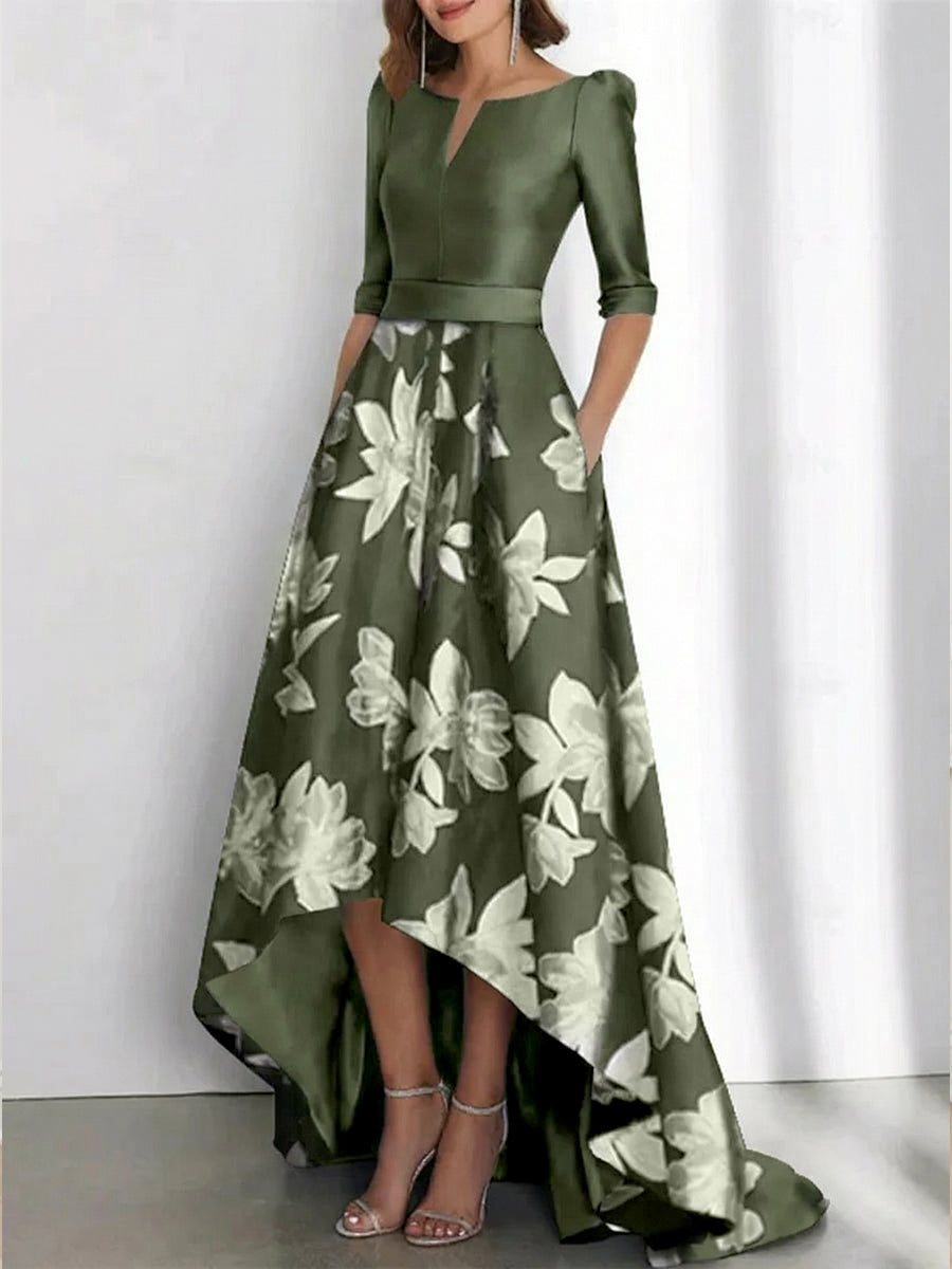 Elegant A-Line Boat Neck Printed Flower Asymmetrical Mother of the Bride & Groom Dresses Olive Green & Floral Elegant A-Line Boat Neck Printed Flower Asymmetrical Mother of the Bride & Groom Dresses Olive Green & Floral