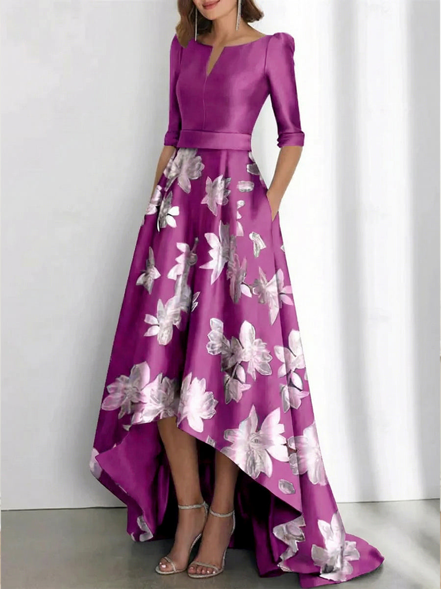 Elegant A-Line Boat Neck Printed Flower Asymmetrical Mother of the Bride & Groom Dresses