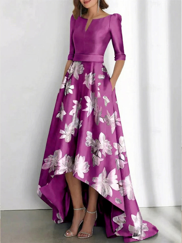 Elegant A-Line Boat Neck Printed Flower Asymmetrical Mother of the Bride & Groom Dresses