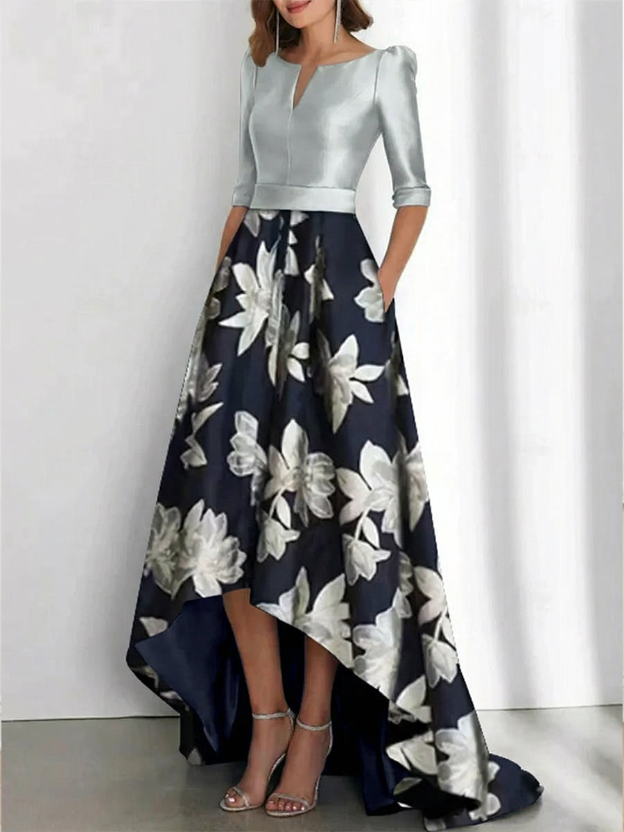 Elegant A-Line Boat Neck Printed Flower Asymmetrical Mother of the Bride & Groom Dresses Silver & Floral Elegant A-Line Boat Neck Printed Flower Asymmetrical Mother of the Bride & Groom Dresses Silver & Floral