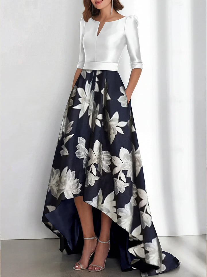 Elegant A-Line Boat Neck Printed Flower Asymmetrical Mother of the Bride & Groom Dresses