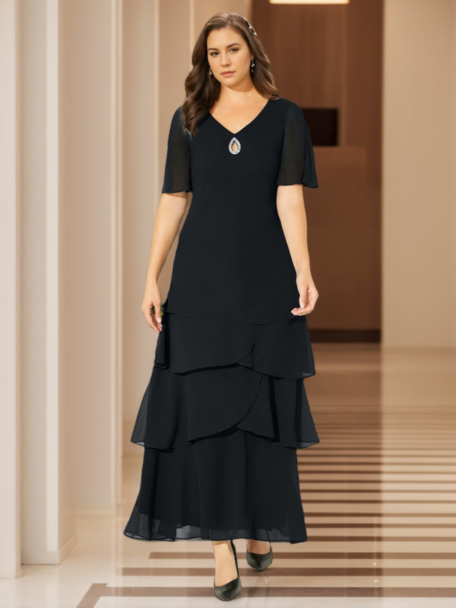 A-Line/Princess V-Neck Short Sleeves Ankle-Length Plus Size Mother Of The Bride/Groom Dresses with Sequins & Ruffles