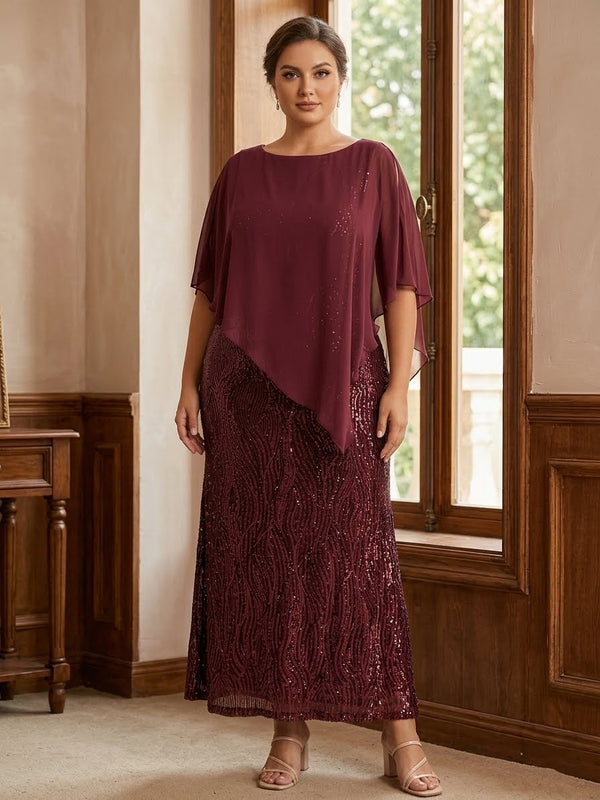 A-Line/Princess Scoop Half Sleeves Ankle-Length Sequined Plus Size Mother of e Bride Dresses with Wrap