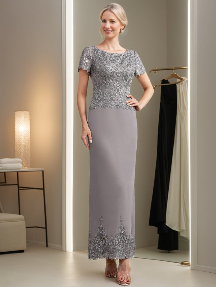 Sheath/Column Scoop Neck Short Sleeves Ankle-Length Mother of the Bride Dresses with Appliques