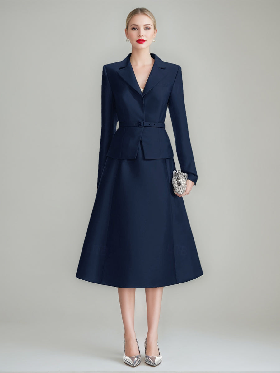 2026 Mother of The Bride Dresses Women's A-Line/Princess Long Sleeves Tea-length Wedding Formal Guest Dresses, Navy Blue
