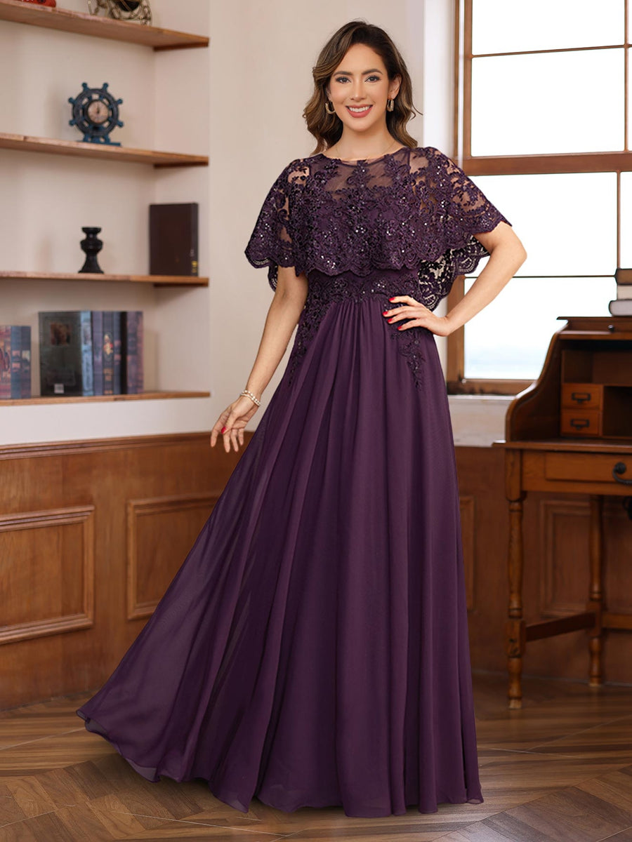 Lace Appliques Mother of The Bride Dresses Women's A-Line/Princess Scoop Neck Floor-Length Formal Wedding Guest Evening Gowns, Plum