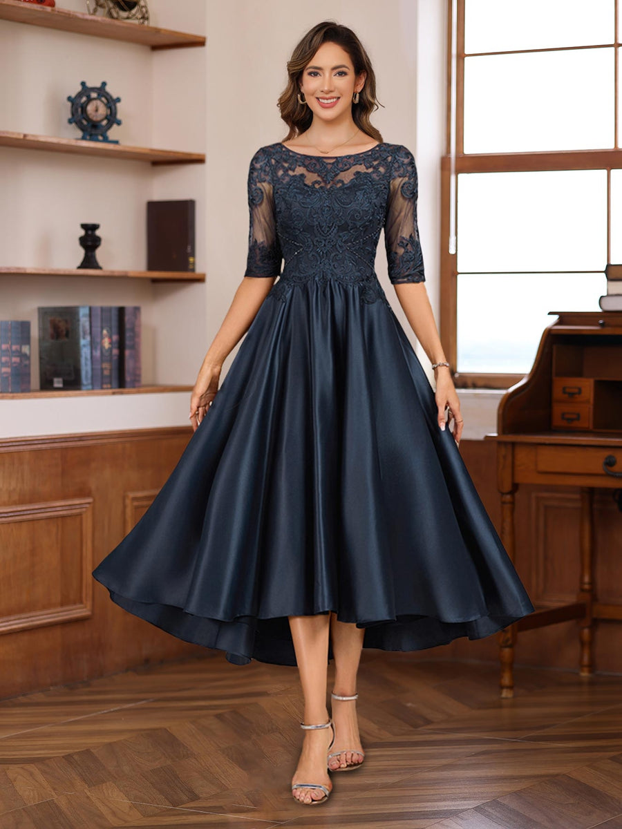 Satin Appliques Mother of The Bride Dresses A-Line Round-Neck Half-Sleeves Formal Wedding Guest Evening Gowns Navy Blue