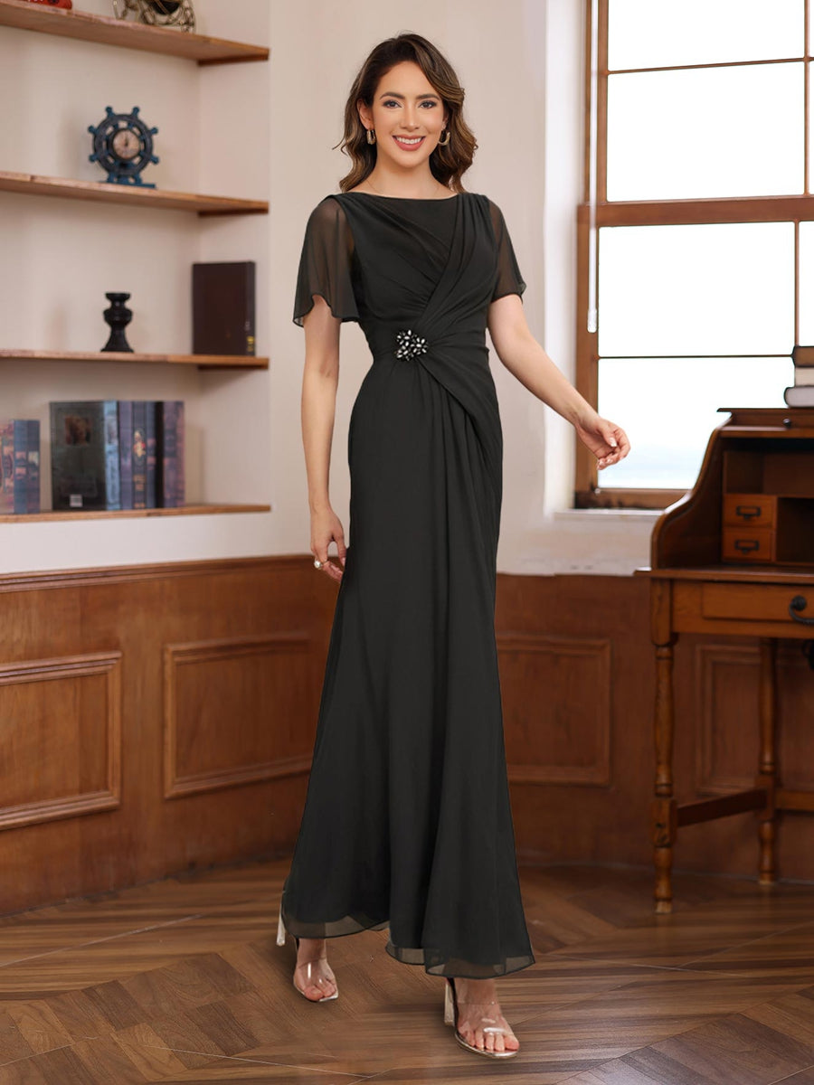 Black Mother of The Dresses 2026 Elegant Women?s A-Line/Princess Short Sleeves Formal Wedding Guest Dresses with Ruched