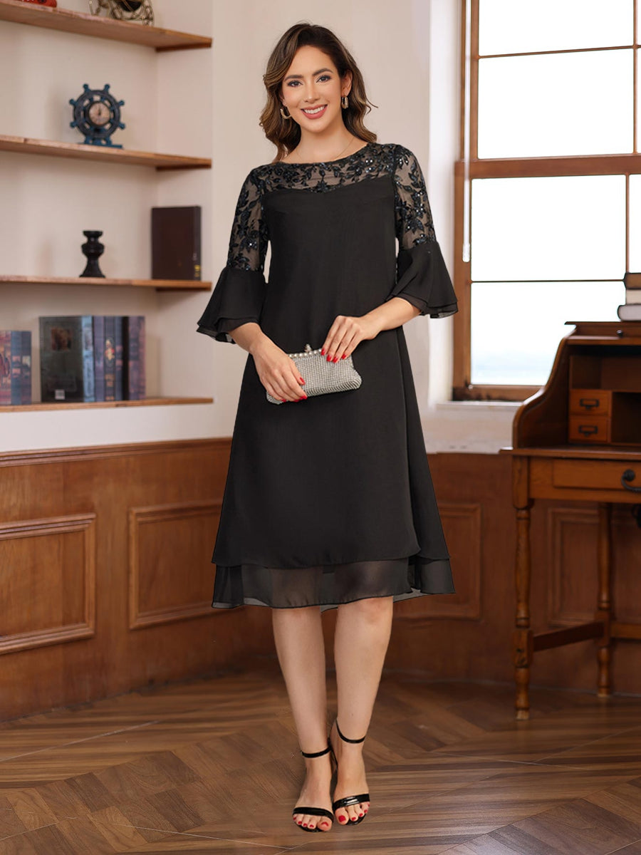 Short Mother of The Bride Dresses 2026 Black Women's A-Line Round Neck Half-Sleeves Wedding Guest Dresses with Lace Appliques, Black Short Mother of The Bride Dresses 2026 Black Women's A-Line Round Neck Half-Sleeves Wedding Guest Dresses with Lace Appliques, Black